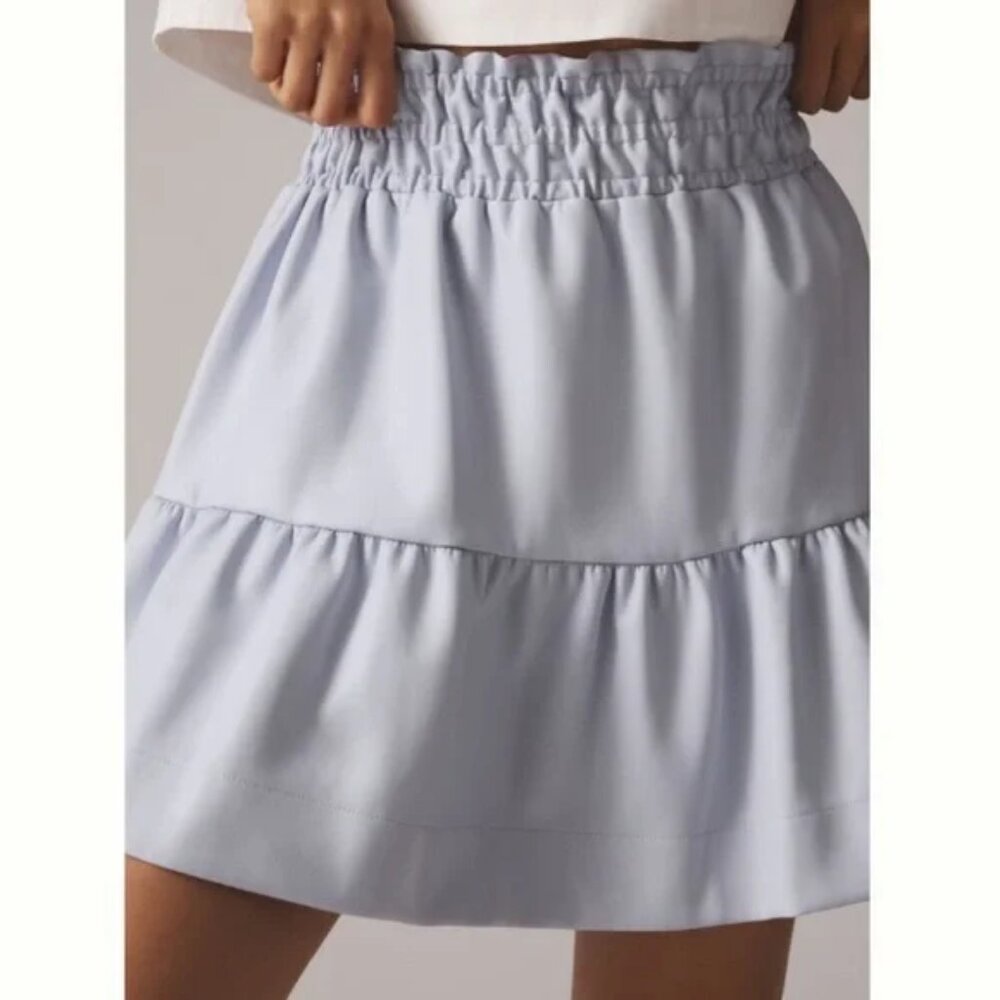 Anthropologie Somerset Faux Leather Mini Skirt Blue XS NWOT Tiered Elastic Waist - Picture 3 of 10